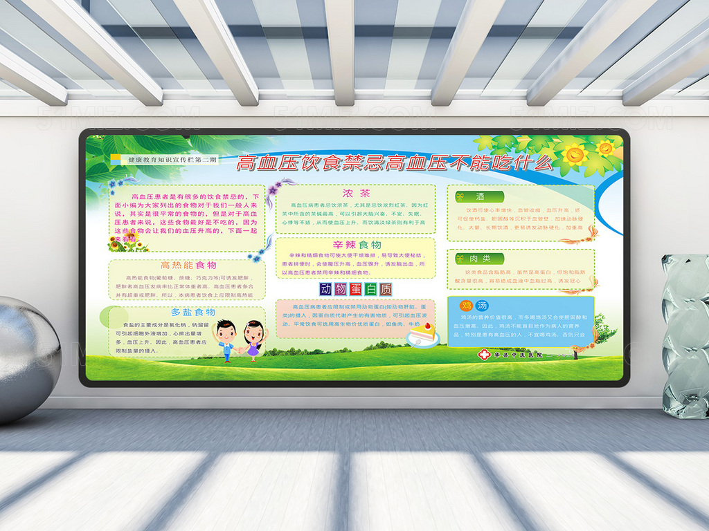 绿色清新高血压饮食禁忌高血压不能吃什么健康教育宣传栏
