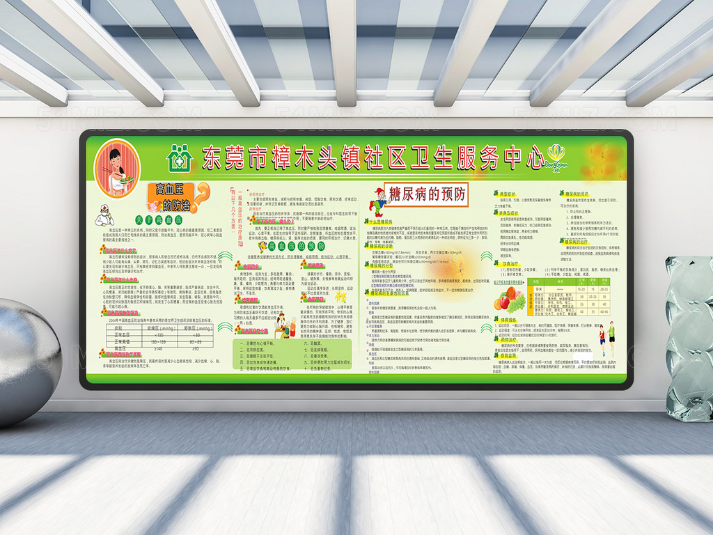 绿色东菀市樟木头镇社区卫生服务中心高血压宣传栏
