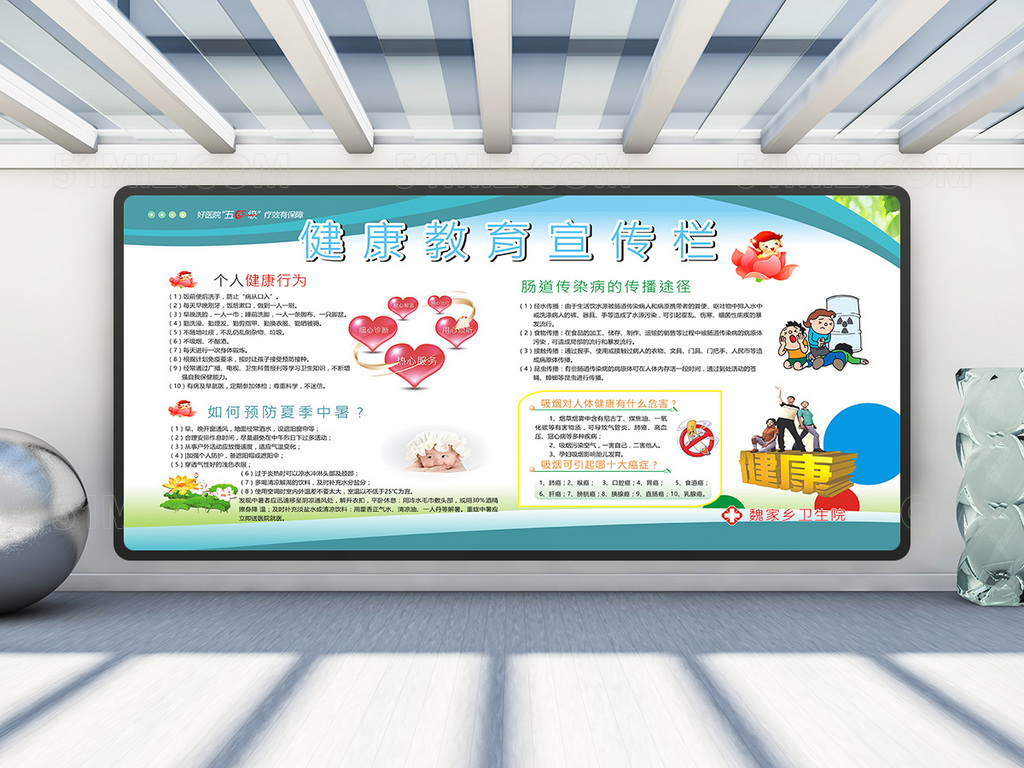 浅色线条个人健康行为夏季健康教育宣传栏
