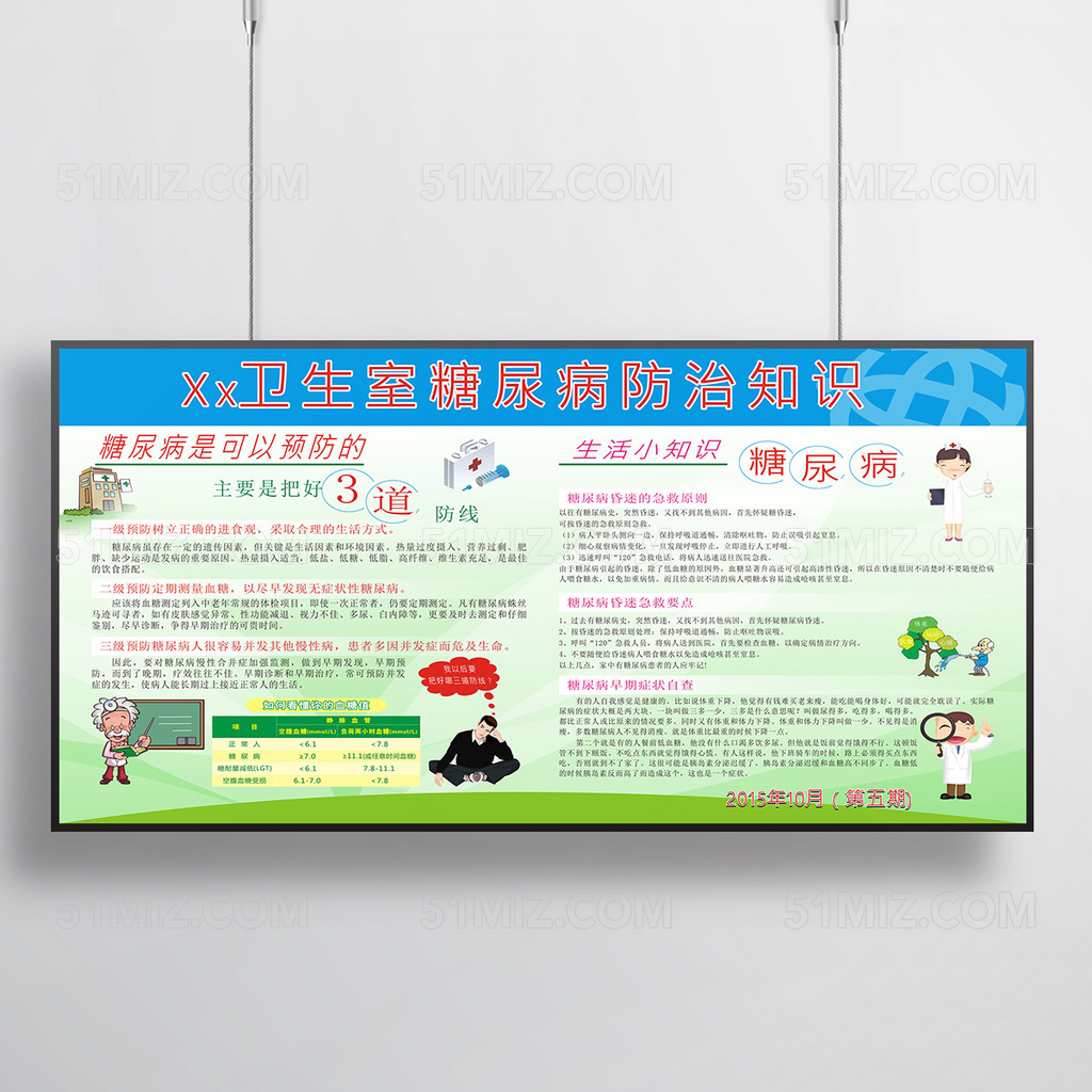 蓝绿色背景糖尿病防治知识宣传专栏图片
