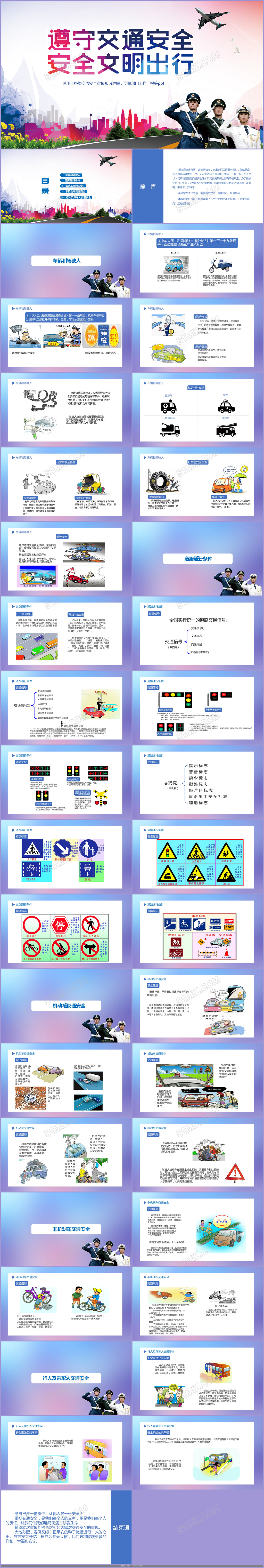 蓝色简洁易懂交通安全宣传知识讲解交警部门工作汇报ppt模板