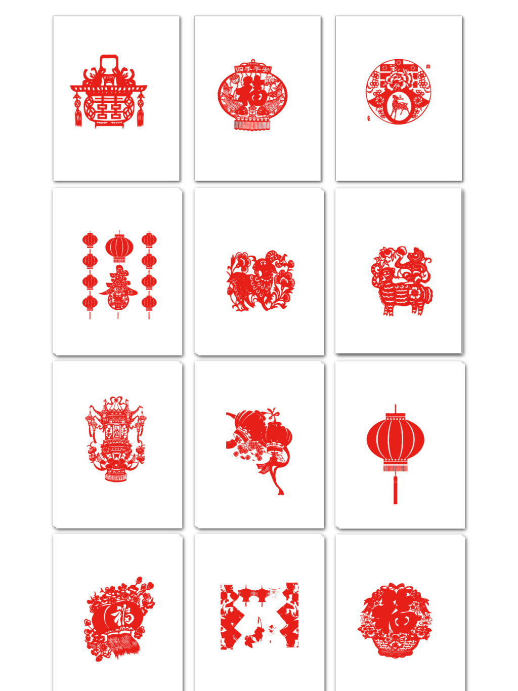 12个红色灯笼剪纸矢量素材