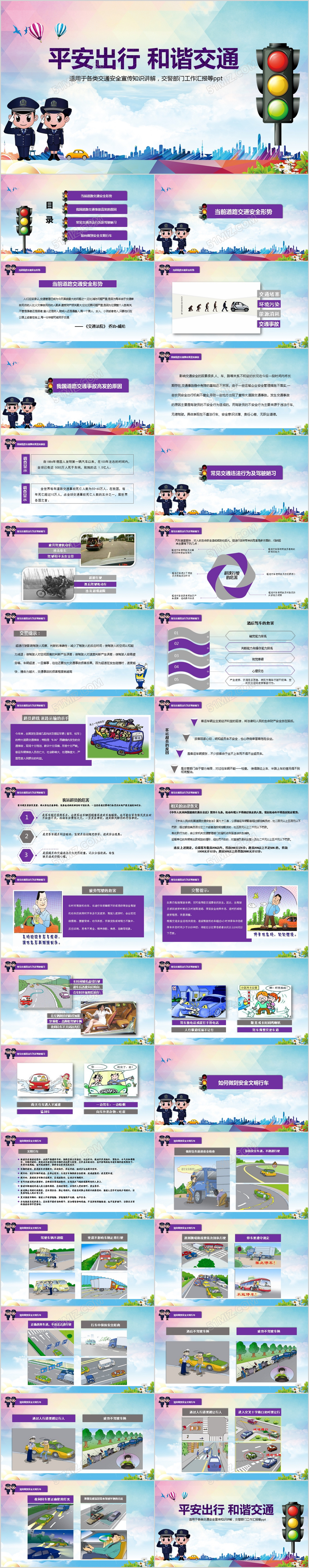 紫色交通安全知识宣传ppt模板