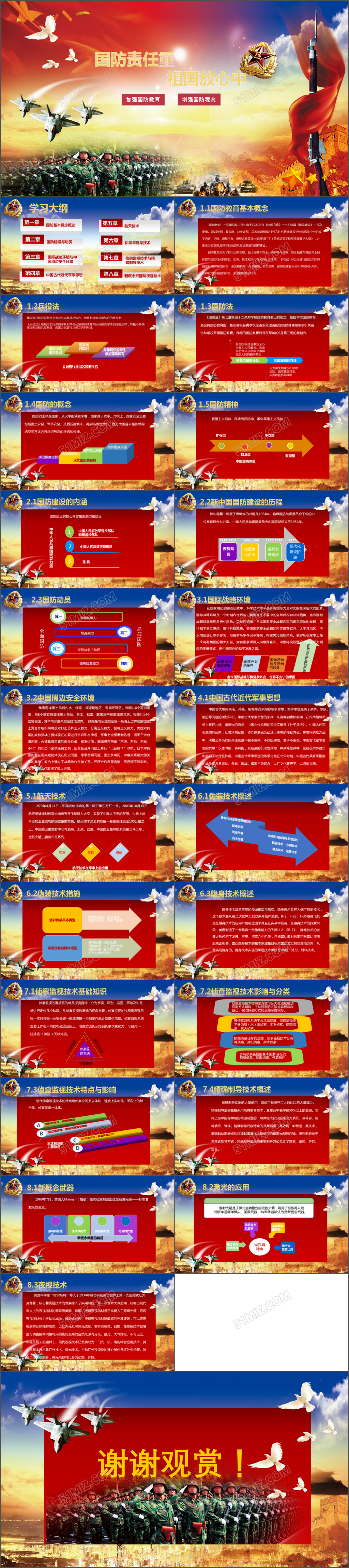 高端大气红色中国国防教育消防演习教育党课通用模板免费下载