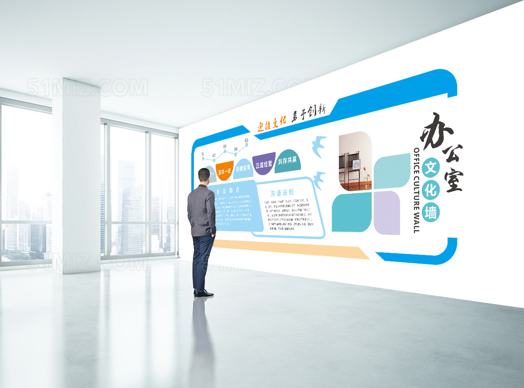 蓝色时尚高端办公室文化墙