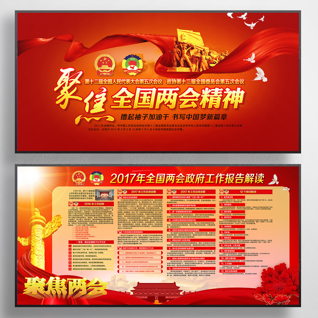 红色聚焦全国两会精神宣传展板设计
