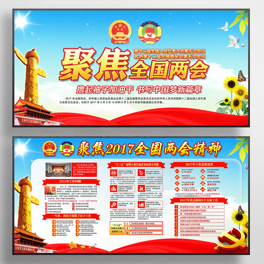 蓝色背景2017聚焦两会学习解读会议精神展板
