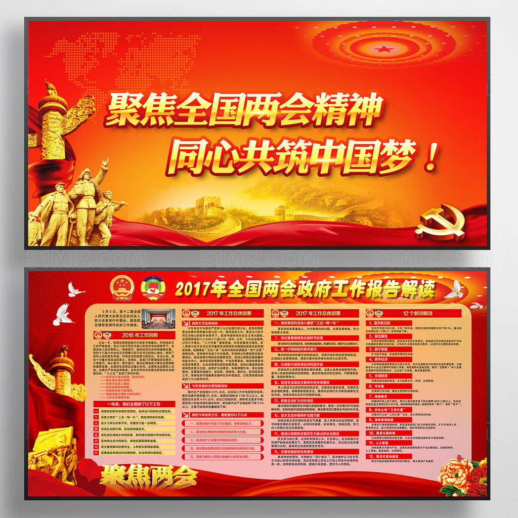 红色党政党建党课政府聚焦两会精神精讲宣讲解读展板
