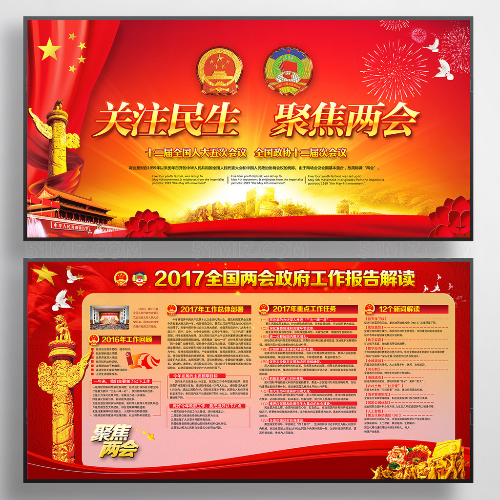 2017全国两会解读之聚焦两会关注民生展板
