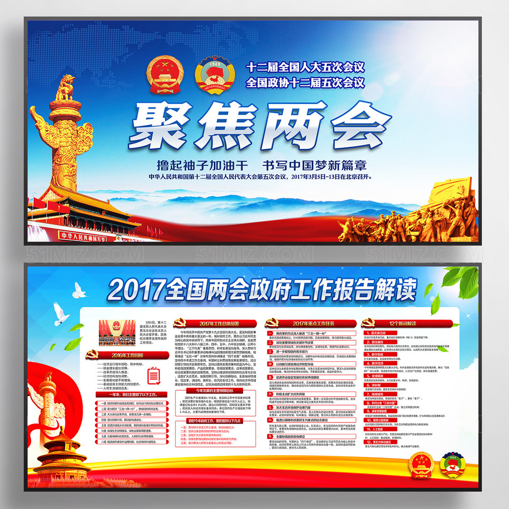 2017聚焦两会热点内容学习解读党政党建蓝色背景展板
