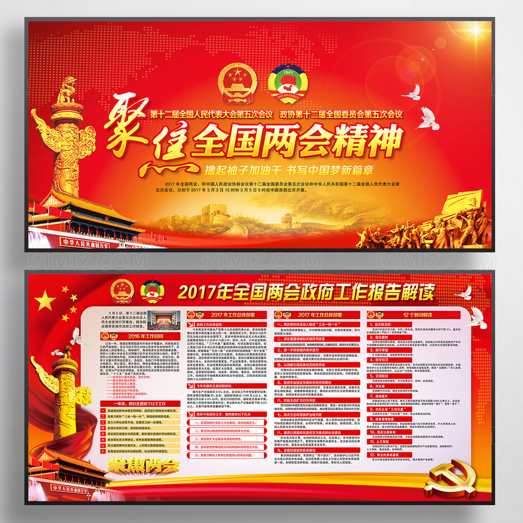 聚焦两会政府工作报告解读学习两会精神学习大气红色展板
