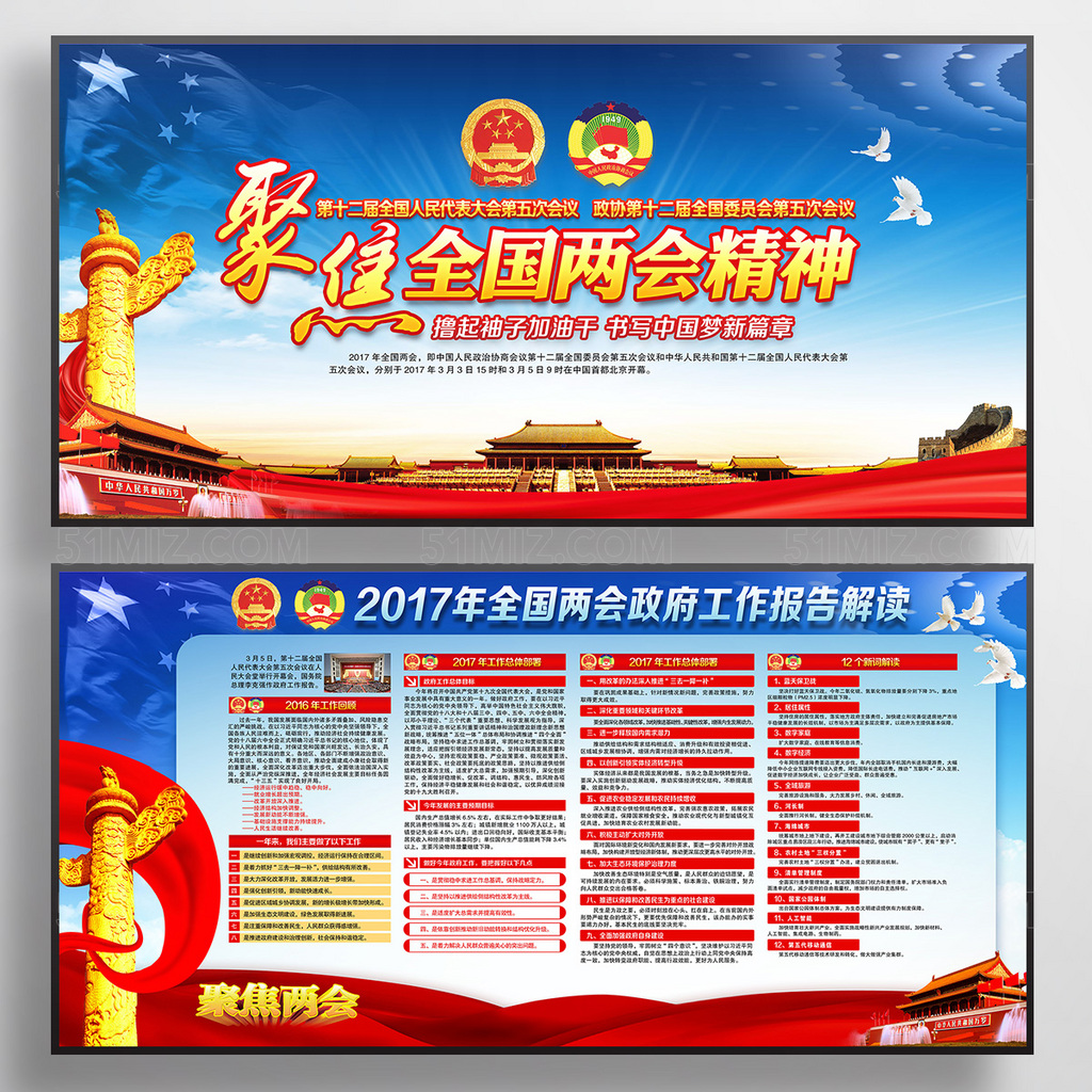 大气蓝色背景聚焦两会精神2017政府工作报告解读宣传展板设计