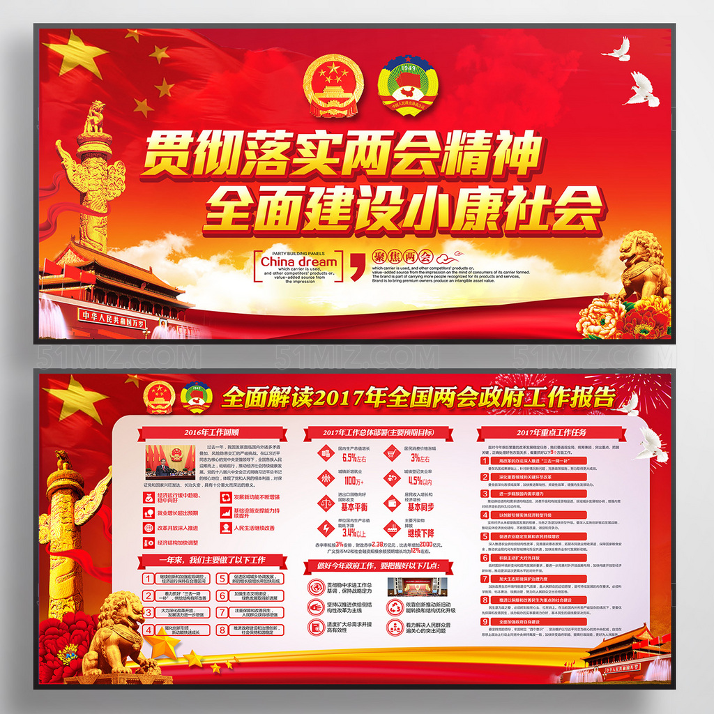 红色大气全面贯彻落实2017两会展板政府工作报告展板
