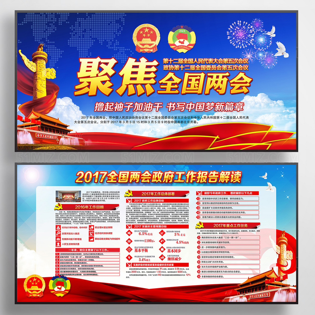 蓝色政府包报告解读聚焦2017全国两会精神党政宣传展板

