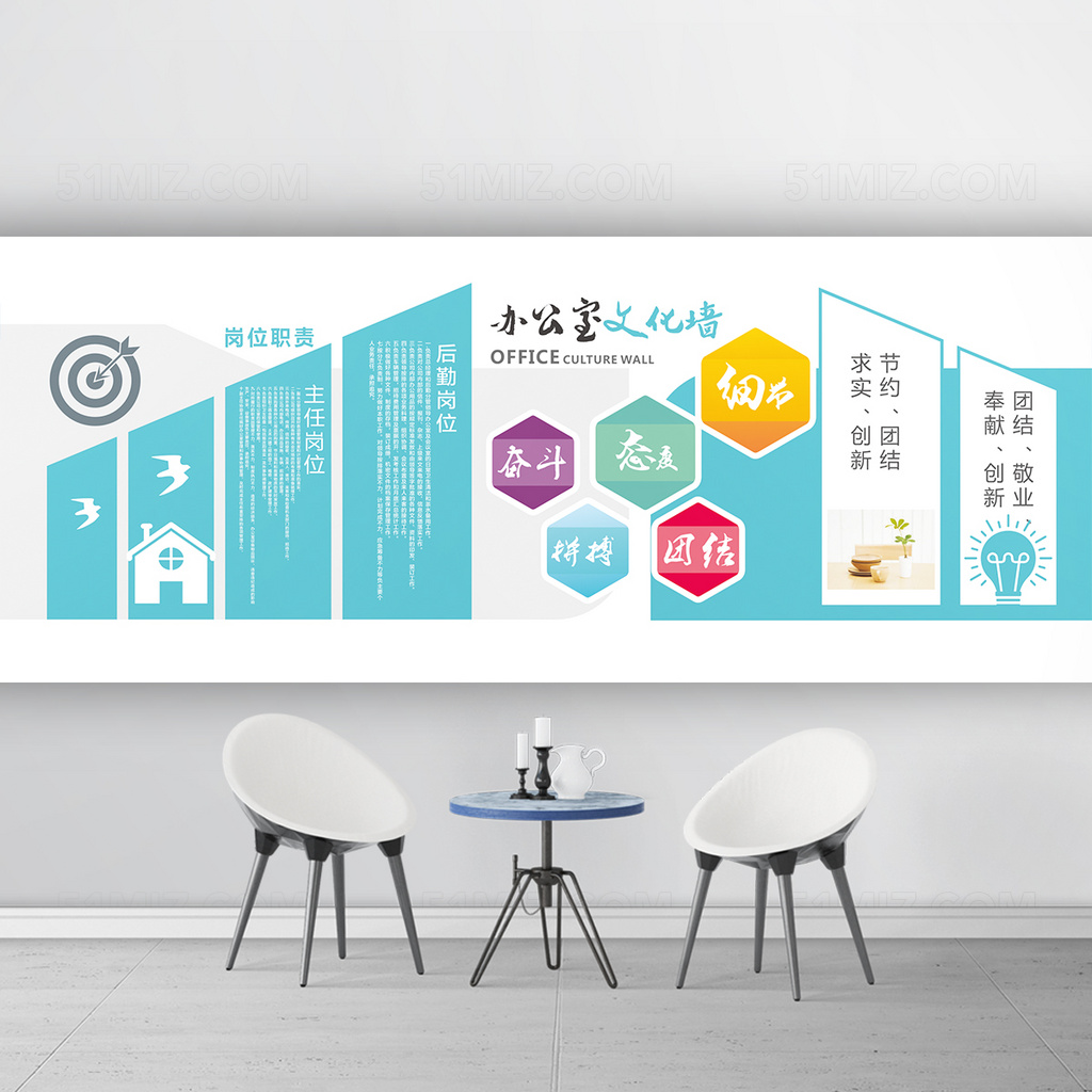 企业文化墙大气蓝绿色办公室文化墙