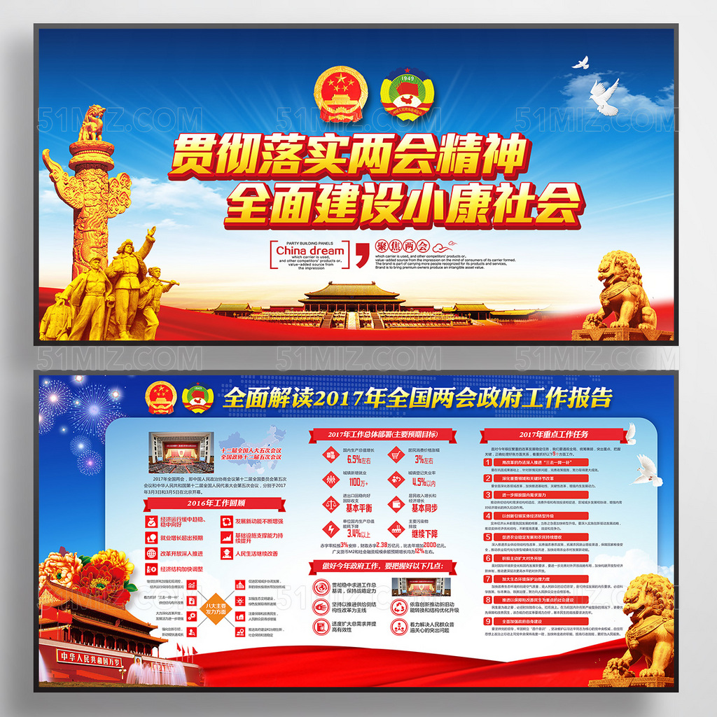 蓝色贯彻落实两会精神党建展板
