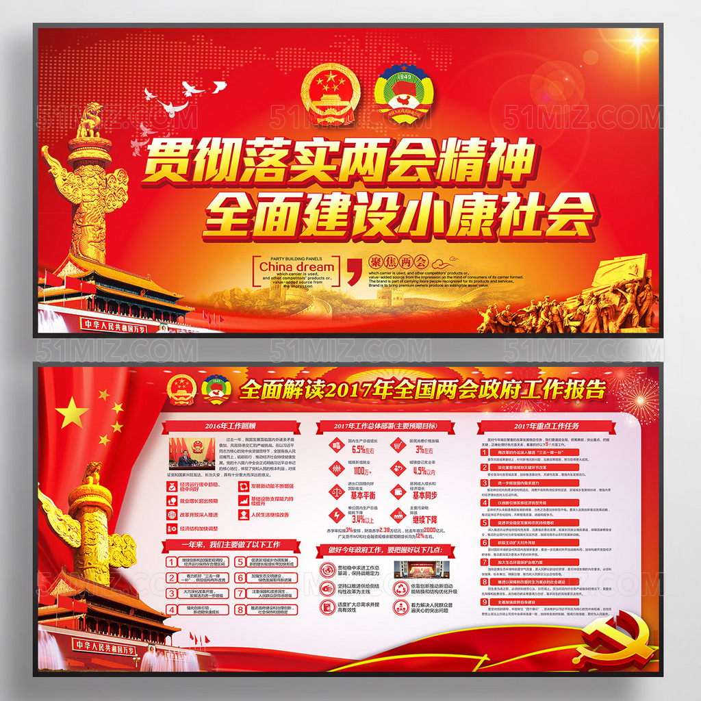 大气红色贯彻落实两会精神政府党建党政展板
