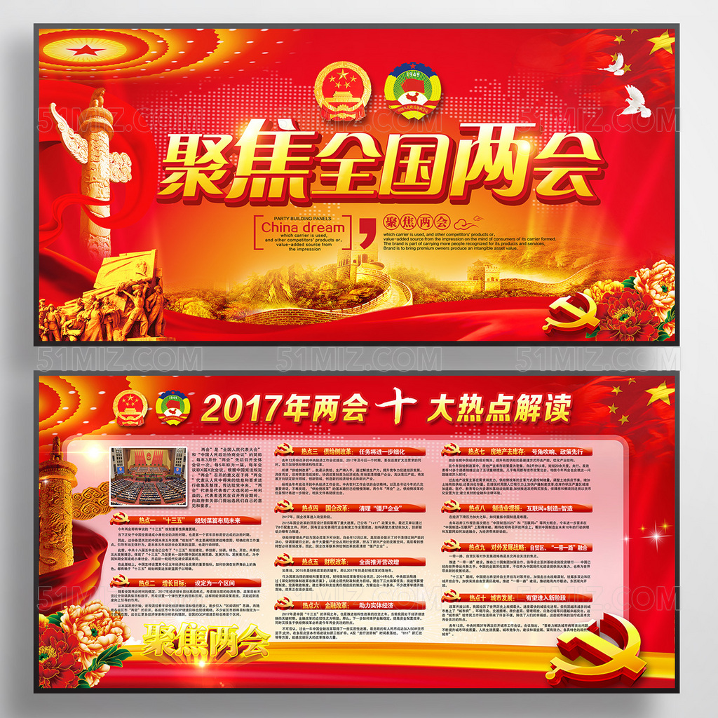 聚焦两会精神热点解读政府党建展板
