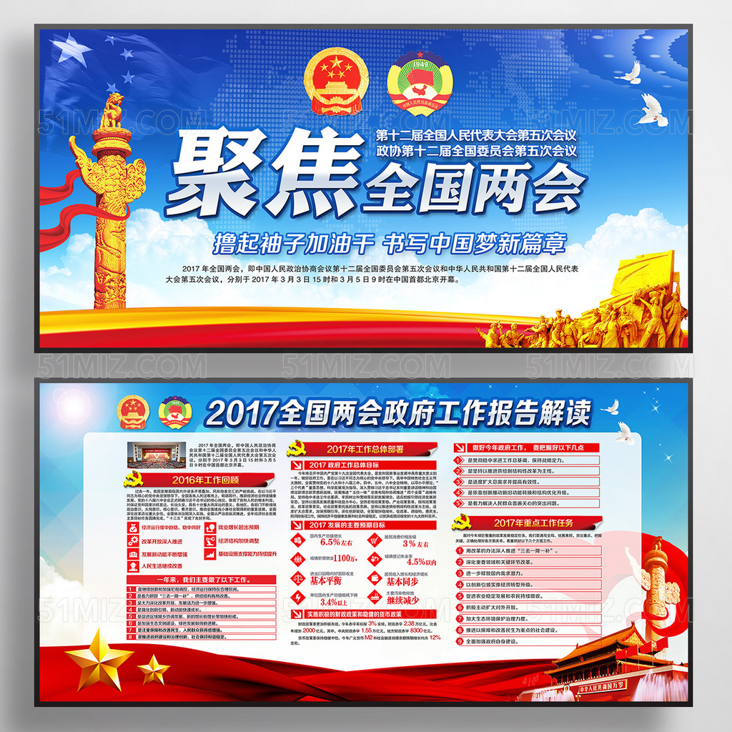 聚焦全国两会政府报告党建展板设计
