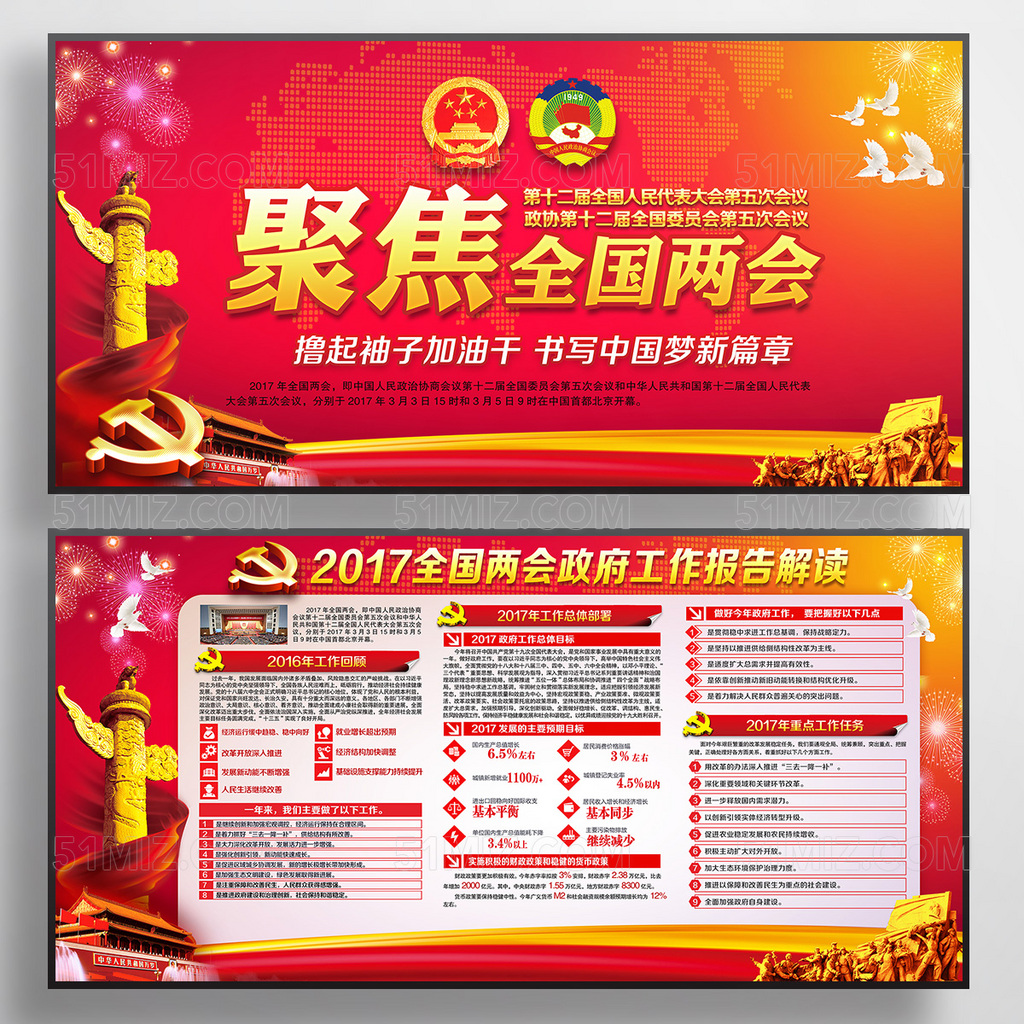 红色贯彻落实2017两会精神党建展板
