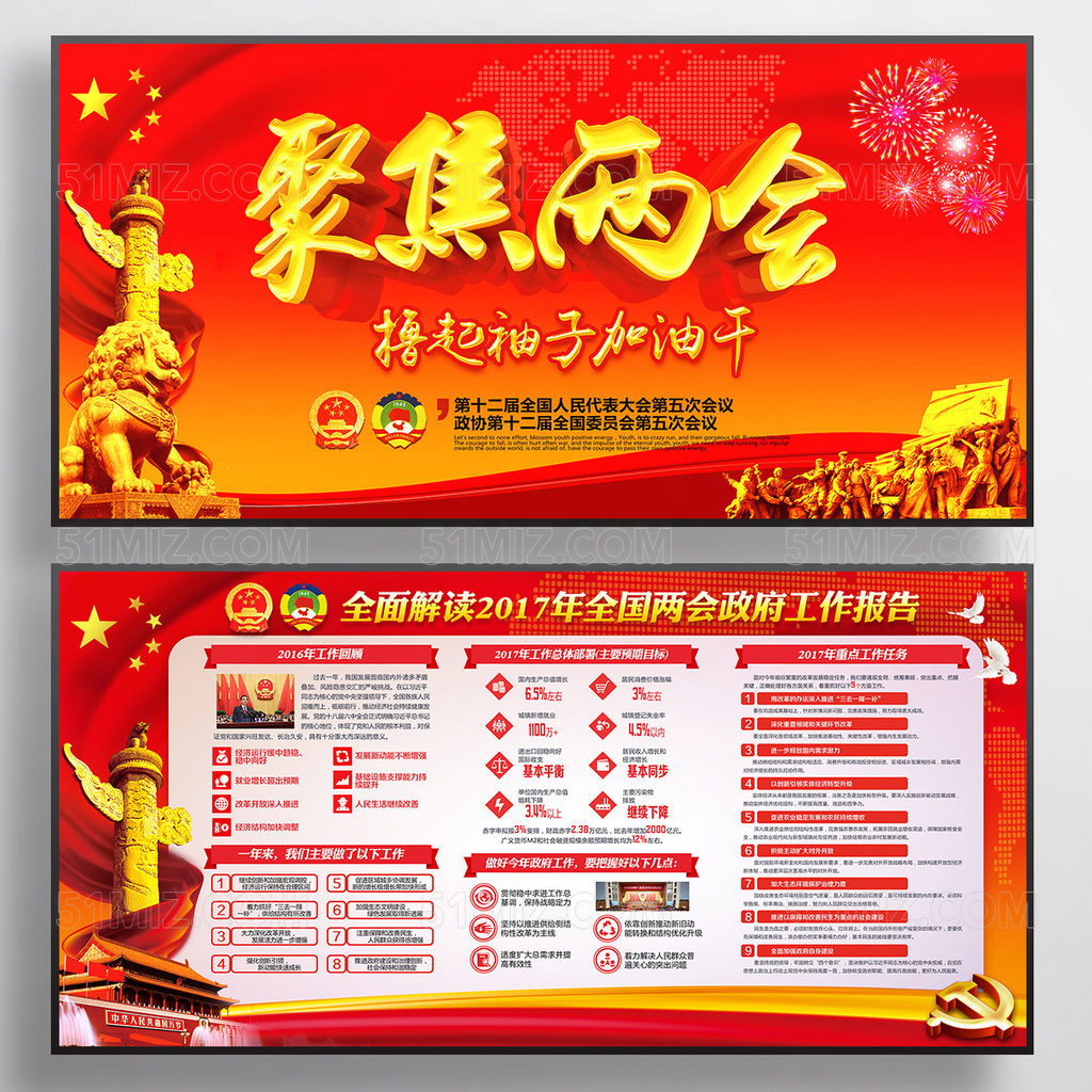 大气红色2017全国两会政府工作解读党建展板
