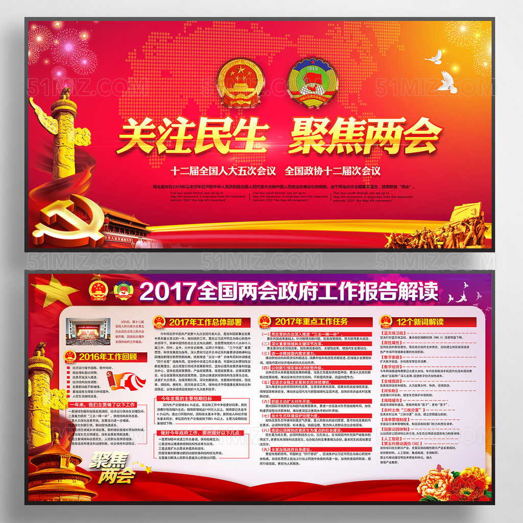 关注民生聚焦2017两会政府报告党建宣传展板
