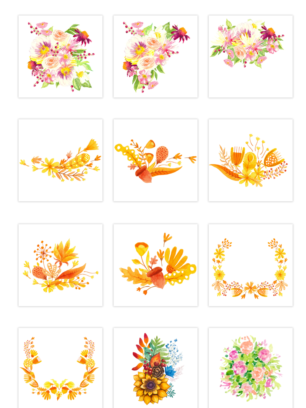 12个金色系手绘花朵素材