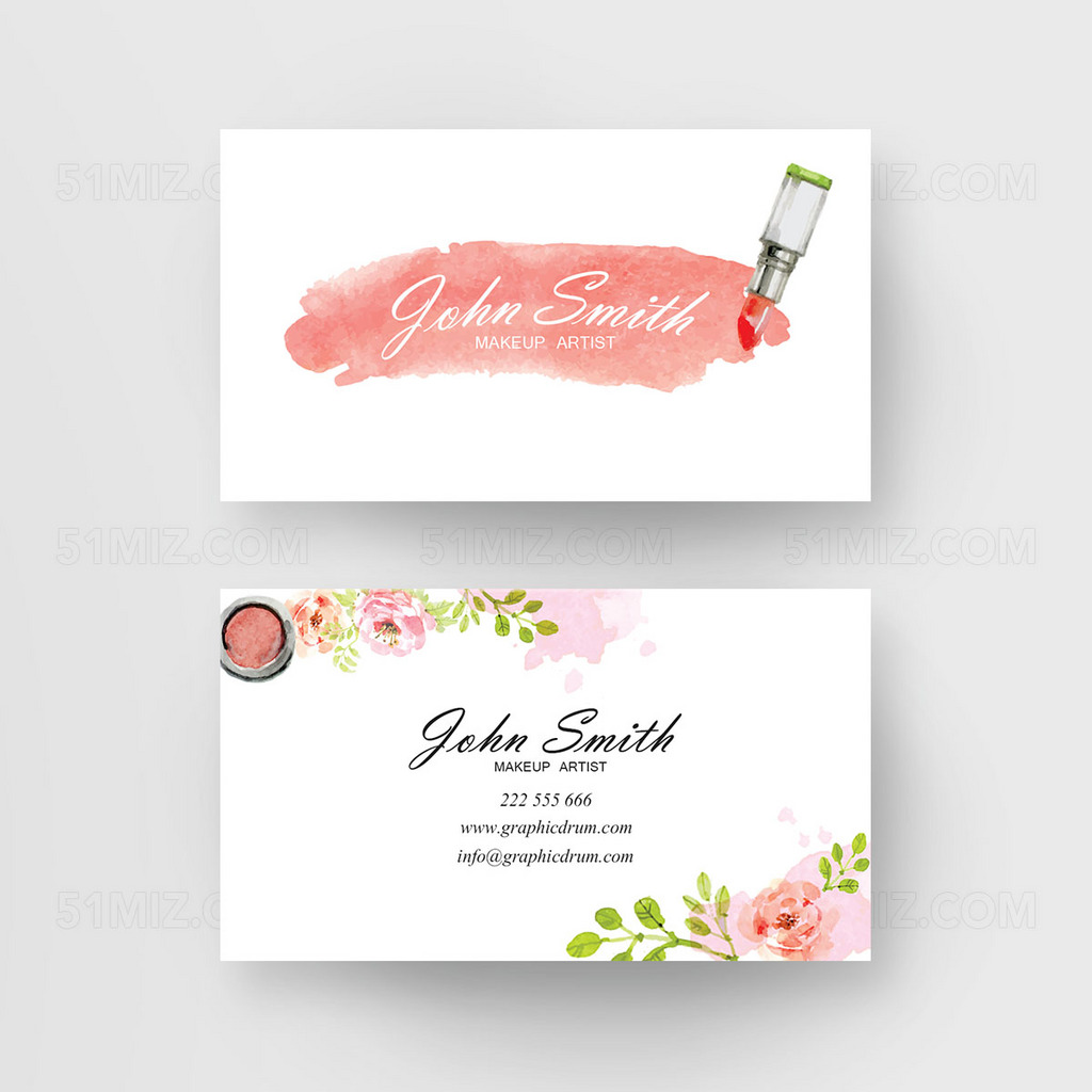 白色背景简约水彩手绘化妆师名片