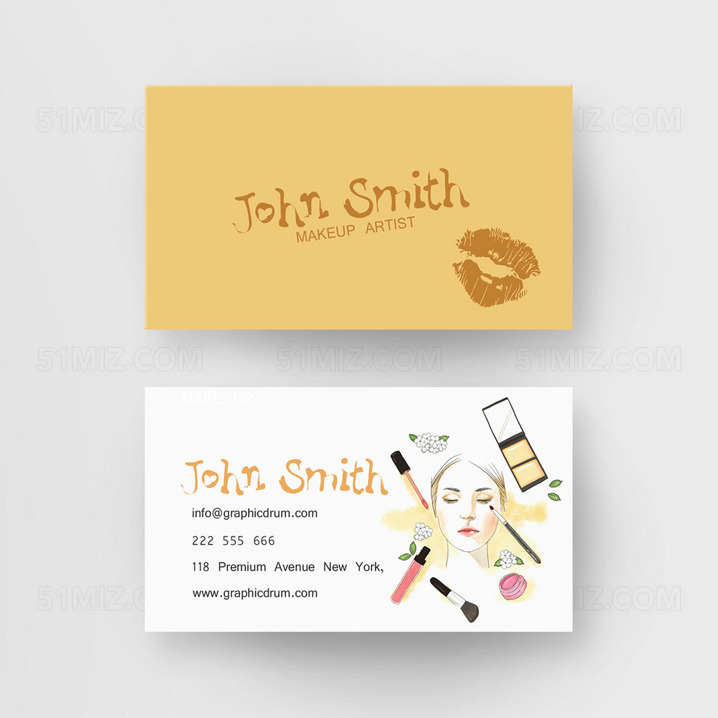 黄色背景简约清新化妆师名片