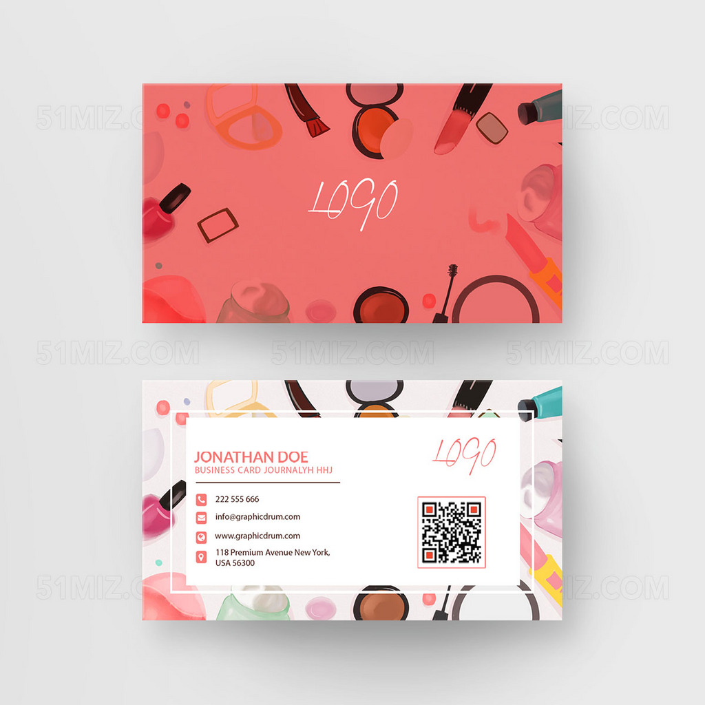 红色背景手绘创意化妆师名片