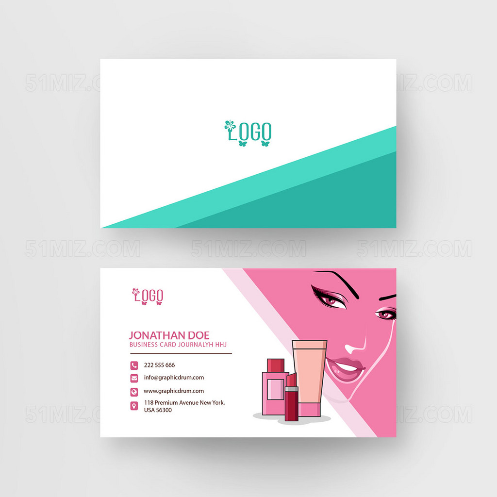 创意粉色绿色几何图像化妆师名片