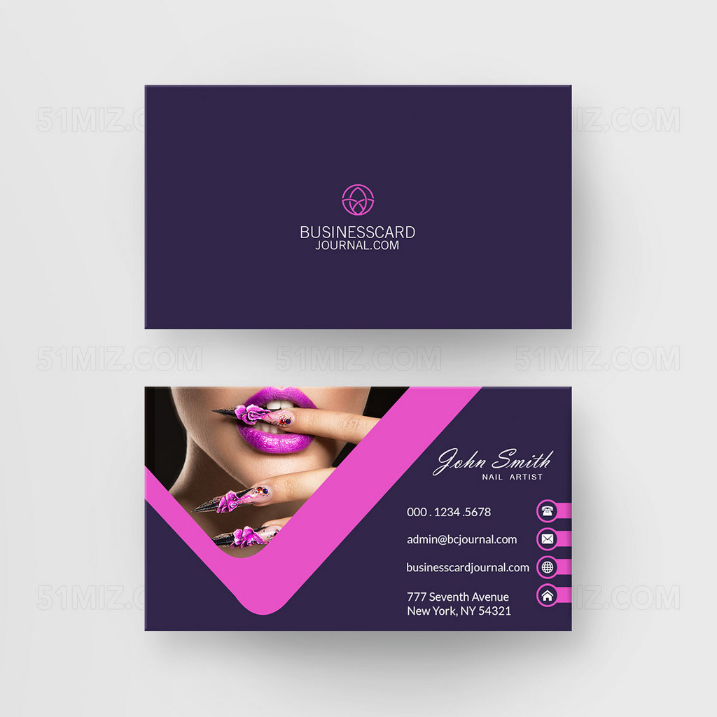 深蓝色背景大气紫高档美甲化妆师名片