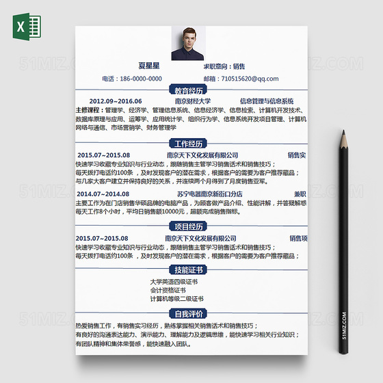 简约深蓝色系市场销售EXCEL简历模板