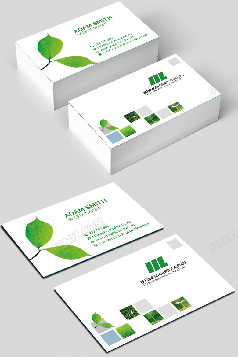 绿色环保树叶名片模板