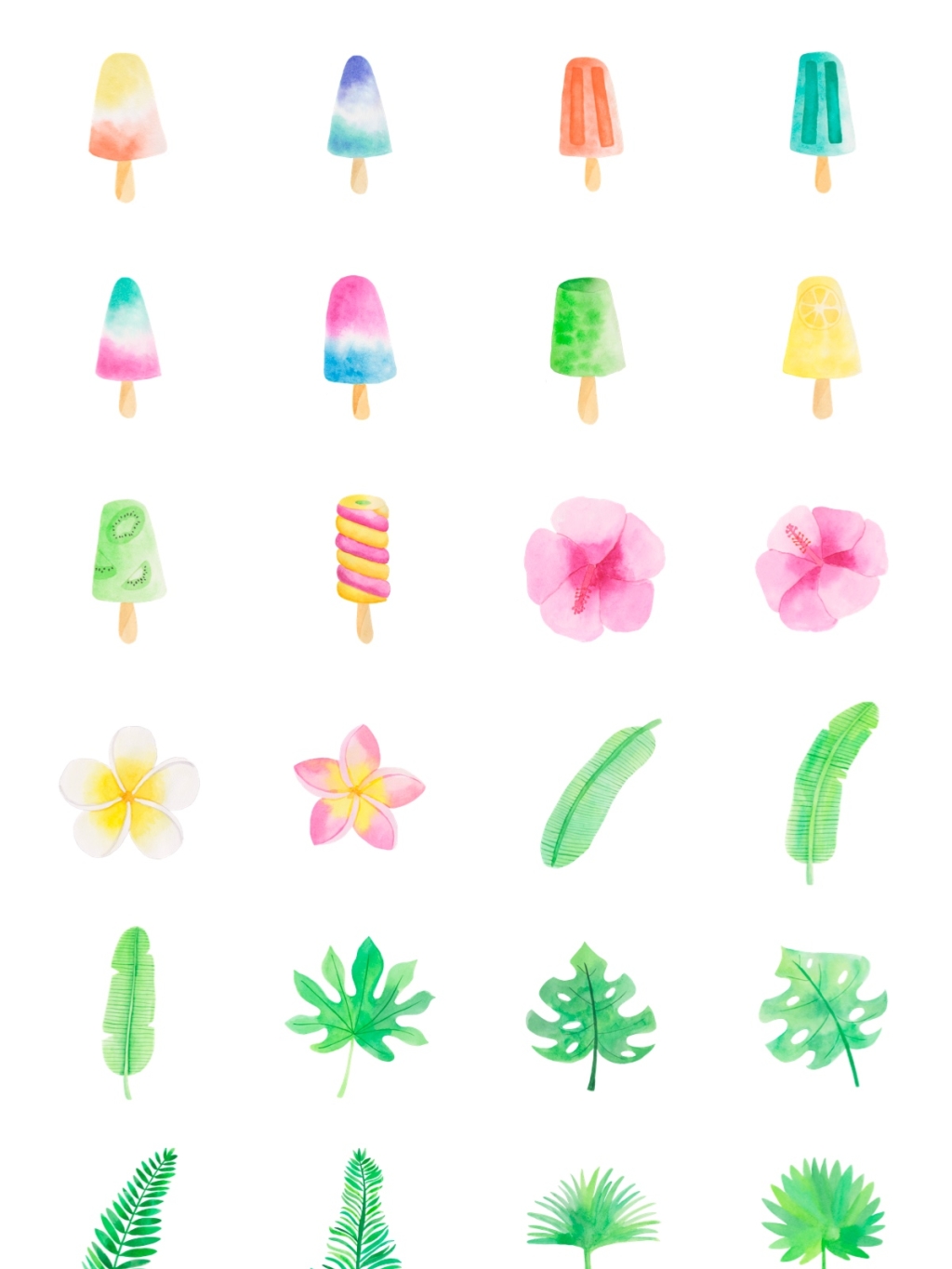 24个清新夏日水彩风格花朵树叶透明PNG素材