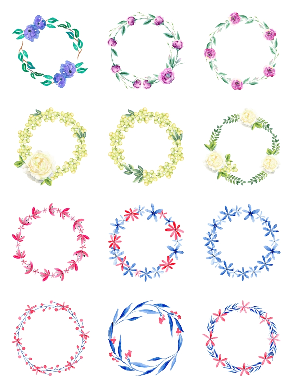 12个手绘水彩花环