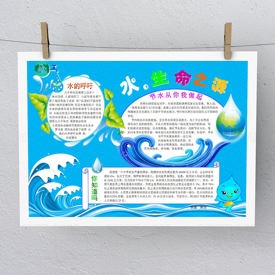蓝色创意节约水环保手抄报模板