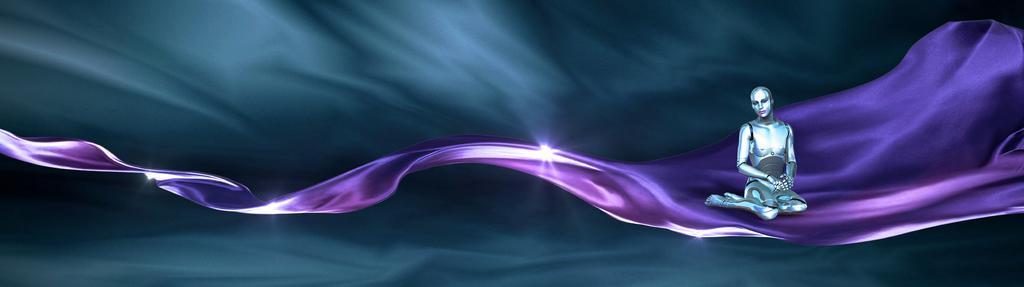 摄影智能机器人坐在紫色的飘带上虚拟空间人工智能背景图片