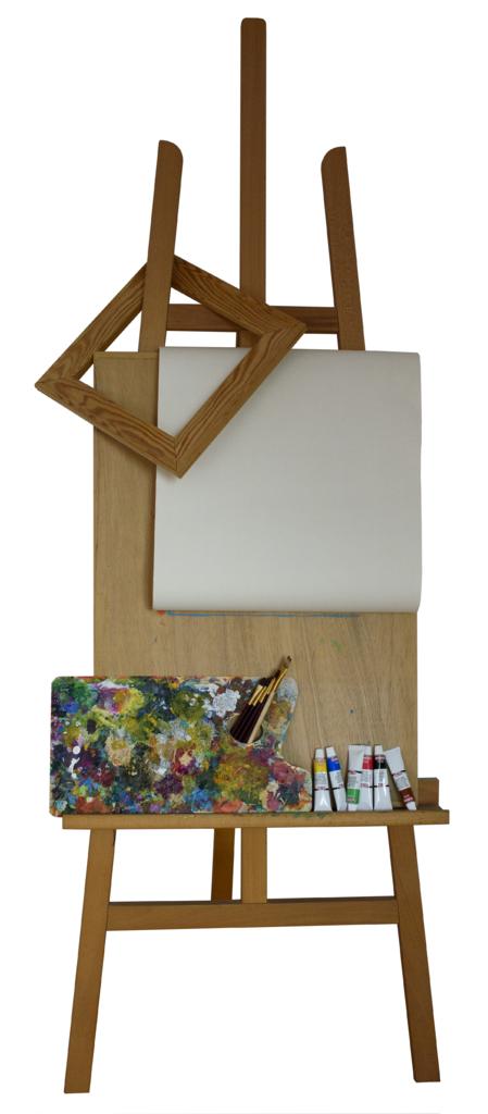 站 画架的 框架 画布 各种各样的 调色板 刷子 颜色 艺术