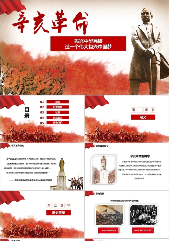 红色框架完整辛亥革命PPT模板