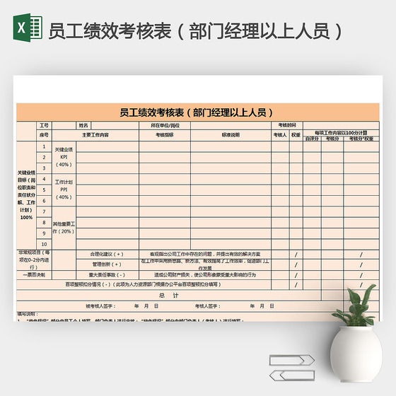 员工绩效考核表部门经理以上人员