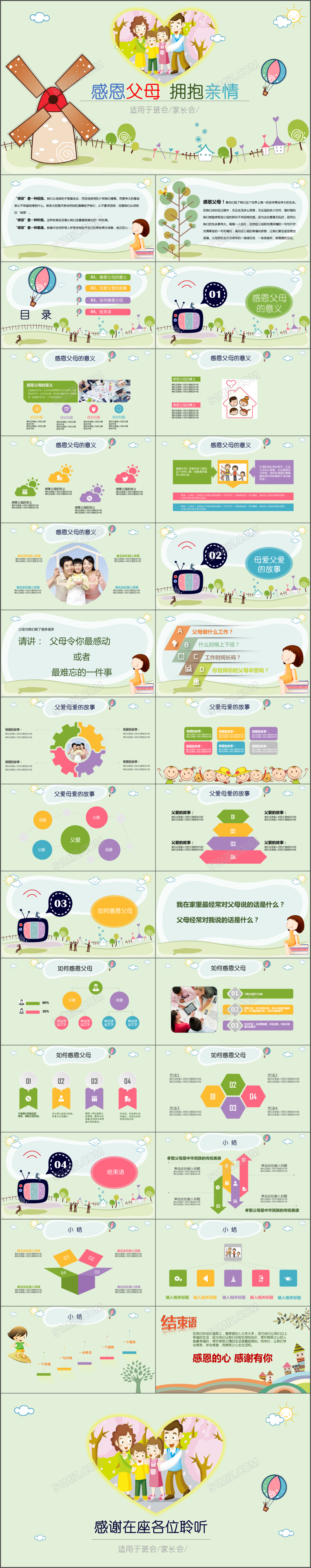卡通儿童风感恩父母感恩主题班会PPT老师课件PPT