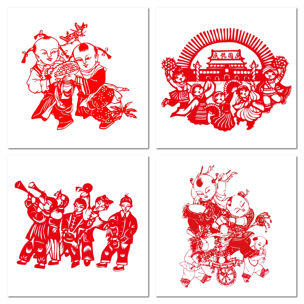 中式剪纸国庆人物png素材