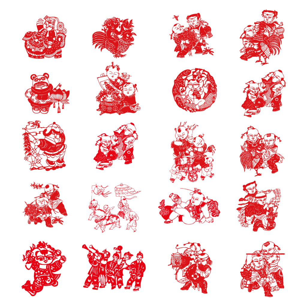 红色中式剪纸福娃矢量素材