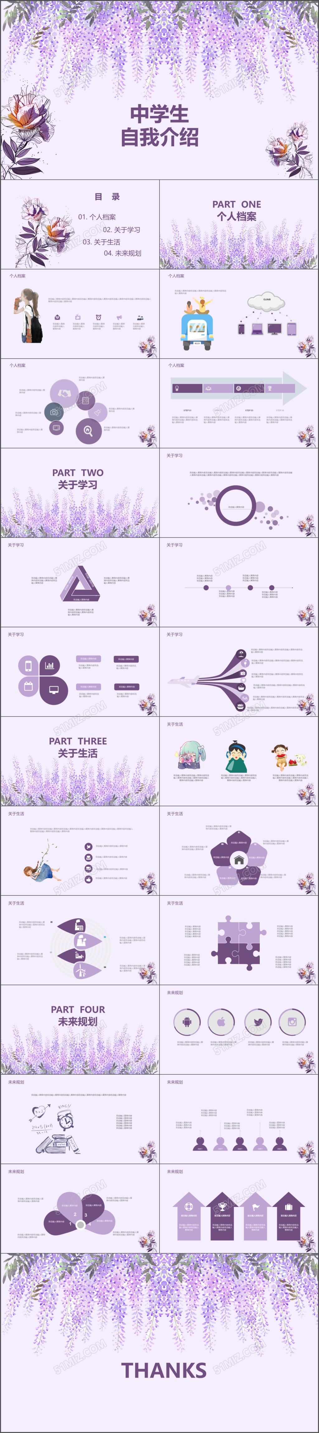 唯美花卉中学生自我介绍PPT模板