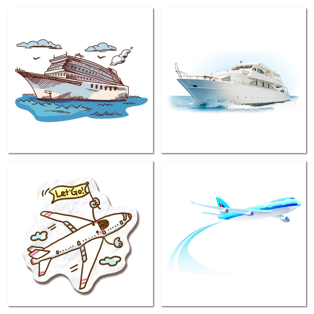 手绘轮船飞机旅行素材
