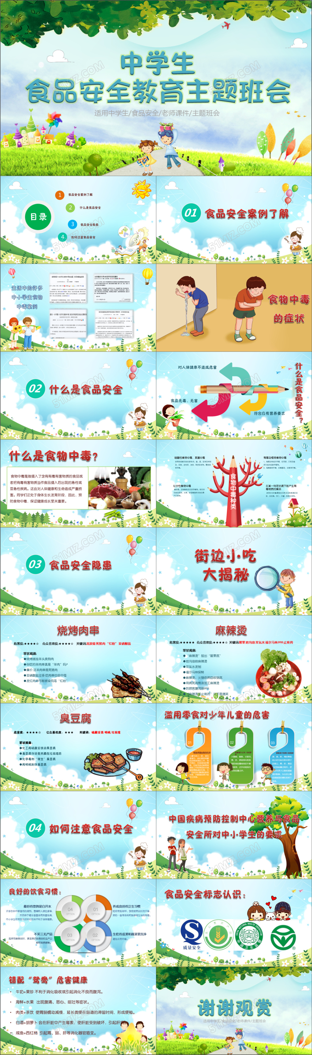 绿色风卡通中学生食品安全教育主题班会ppt 