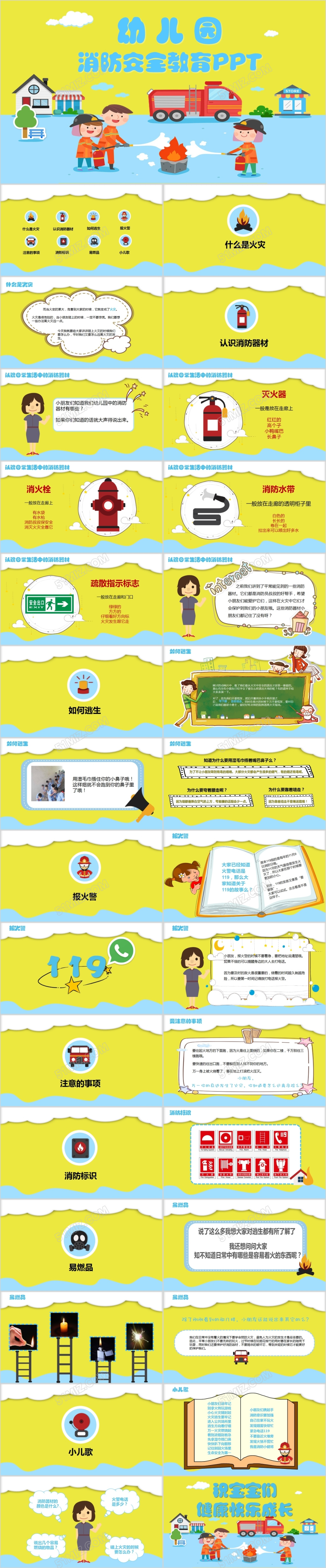幼儿园消防安全知识主题班会卡通动态PPT模板