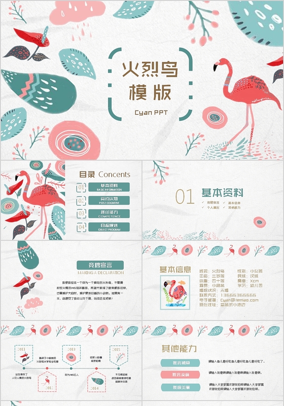 清新手绘插画系火烈鸟个人述职PPT模版