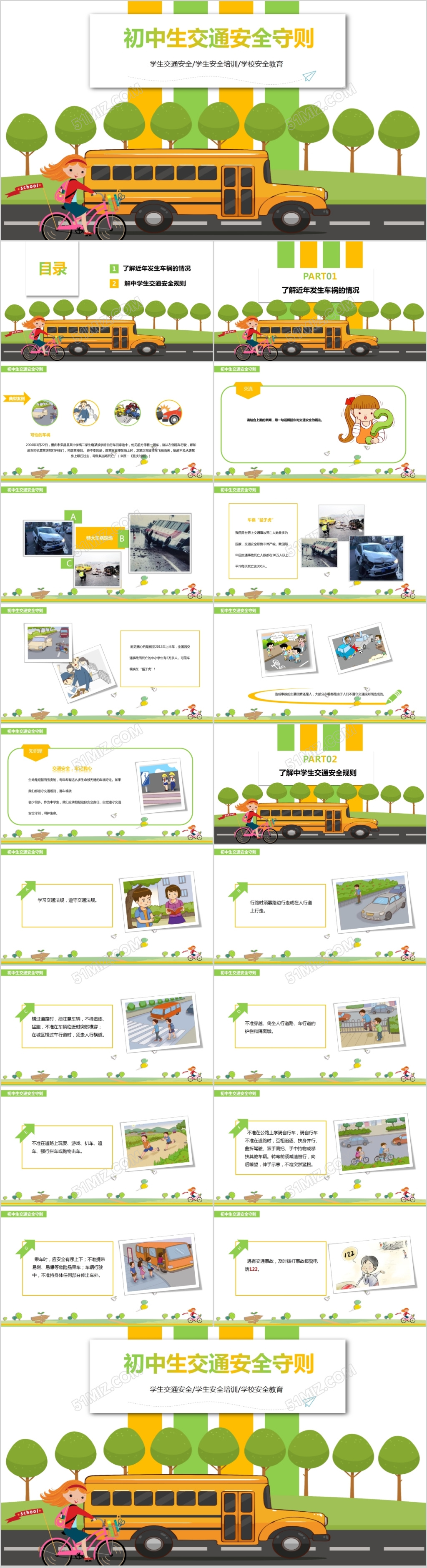 绿色清新全面初中生交通安全守则教育培训PPT模板